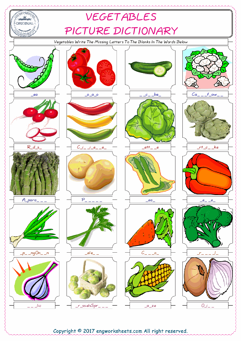  Vegetables Words English worksheets For kids, the ESL Worksheet for finding and typing the missing letters of Vegetables Words 